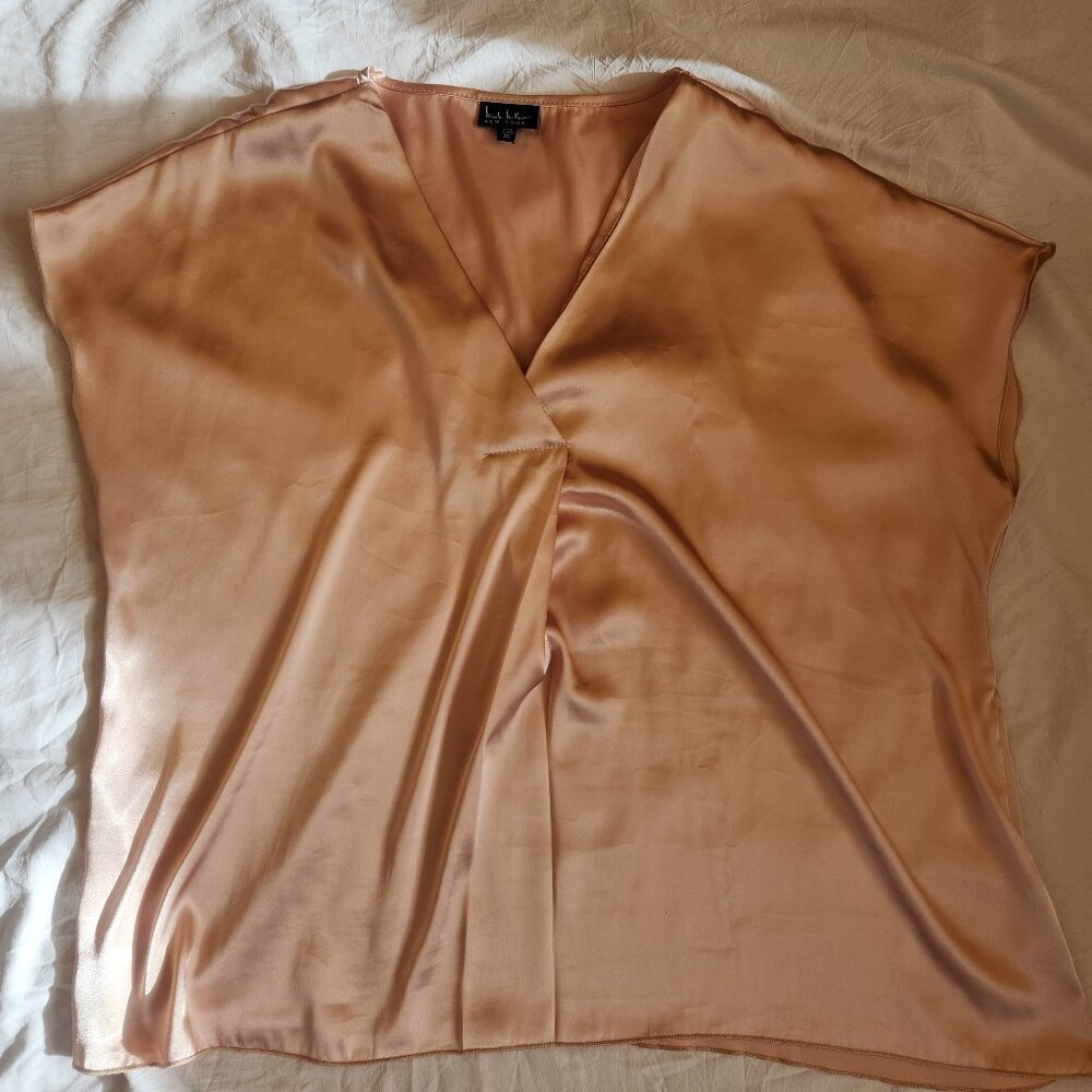 Nicole Miller New York Champagne Colored Satin Cap Sleeve Blouse Size XL
